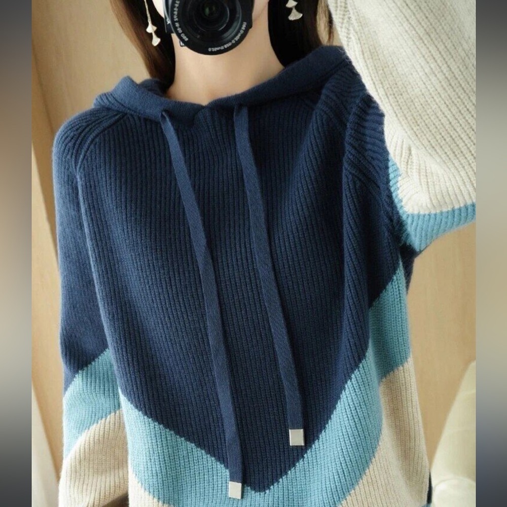 Blocked color Navy Hooded Sweater Size Medium.